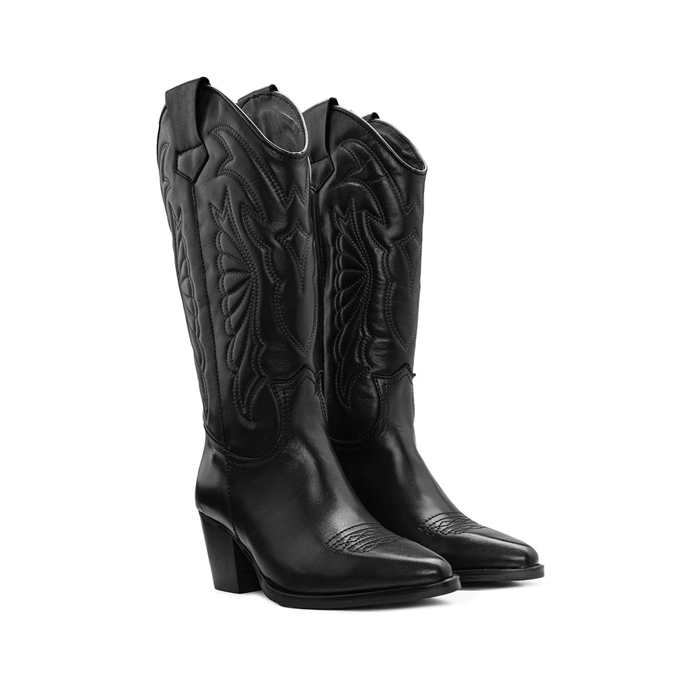Bota Texana Mulher em Pele com Pespontos - Preto