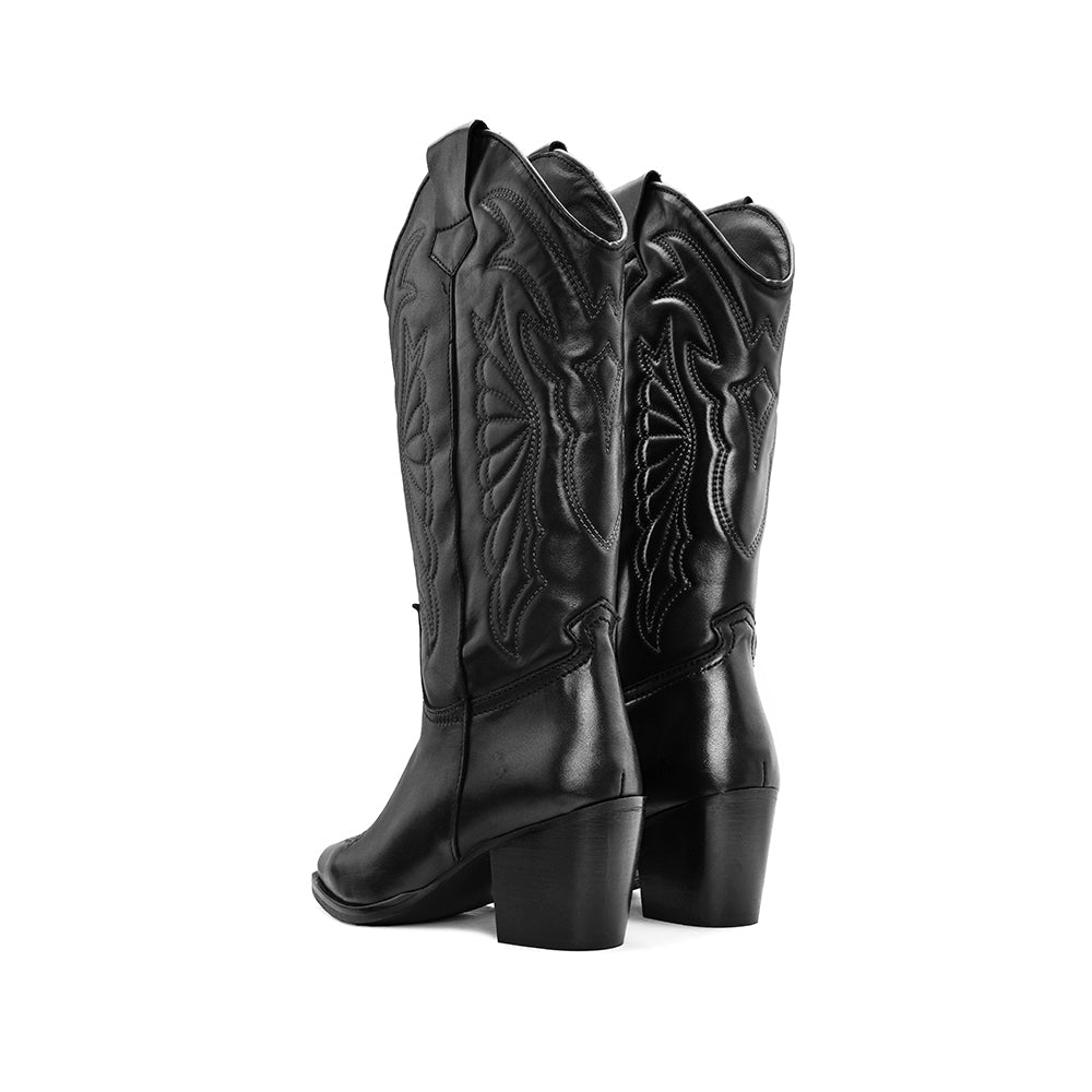 Bota Texana Mulher em Pele com Pespontos - Preto