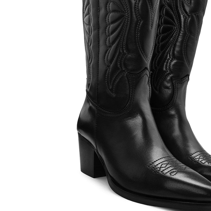 Bota Texana Mulher em Pele com Pespontos - Preto