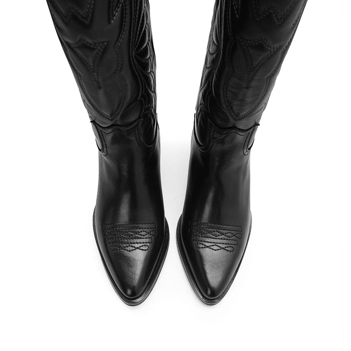 Bota Texana Mulher em Pele com Pespontos - Preto