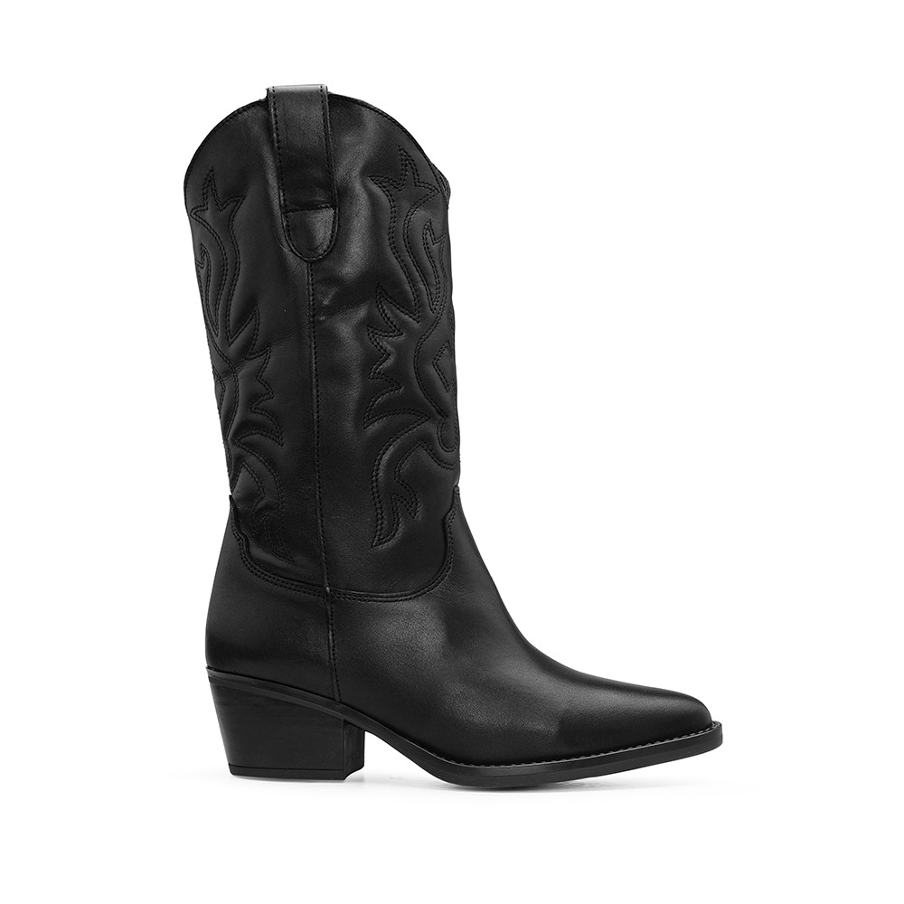 Bota Texana Mulher em Pele Preta Bordada