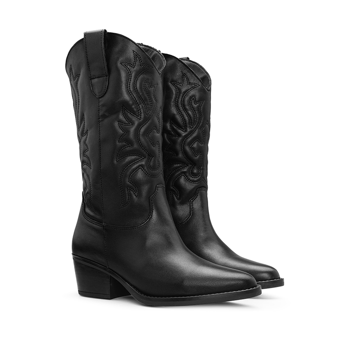 Bota Texana Mulher em Pele Preta Bordada