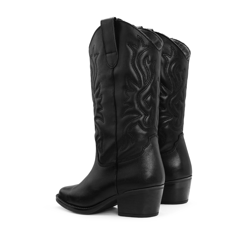 Bota Texana Mulher em Pele Preta Bordada
