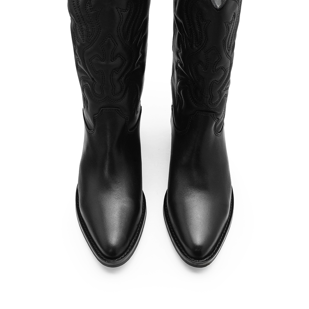 Bota Texana Mulher em Pele Preta Bordada