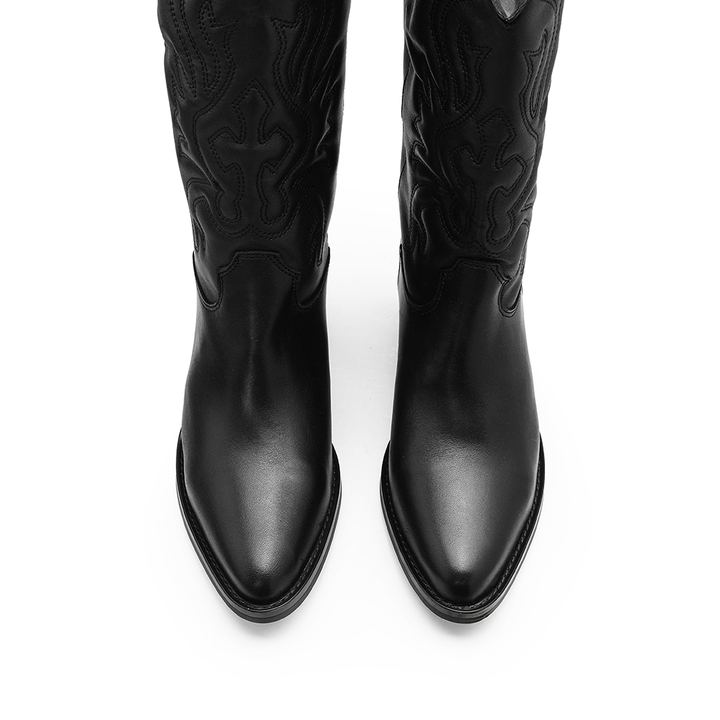 Bota Texana Mulher em Pele Preta Bordada