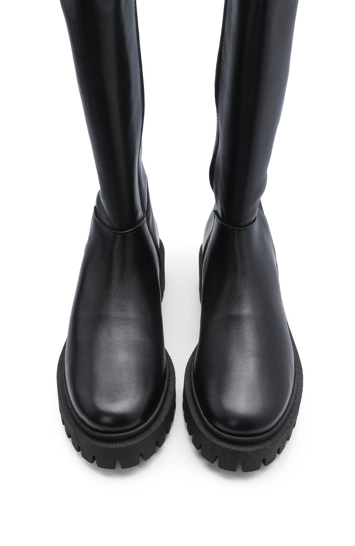 Bota de Cano Médio Mulher em Pele Preta com Elástico - Preto