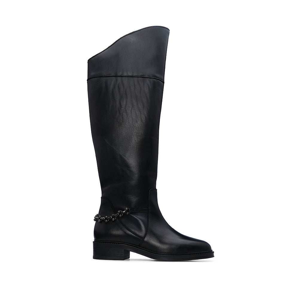 Bota de Cano Alto Mulher em Pele Preta com Corrente