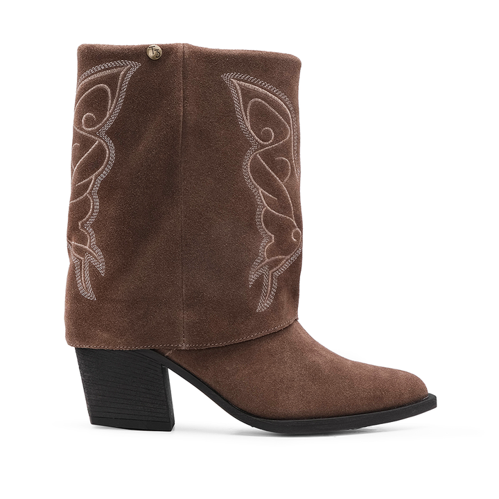 Bota Texana Mulher Top 3 em Camurça com Cano Dobrado - Taupe