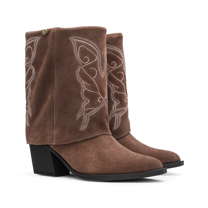 Bota Texana Mulher Top 3 em Camurça com Cano Dobrado - Taupe