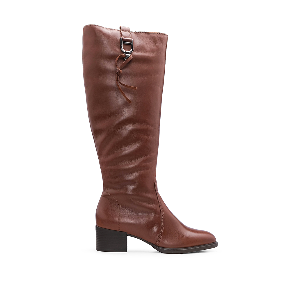 Bota de Cano Alto Mulher em Pele com Fivela - Cognac
