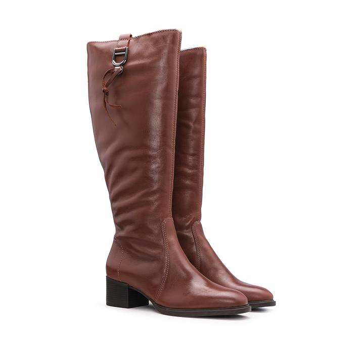 Bota de Cano Alto Mulher em Pele com Fivela - Cognac