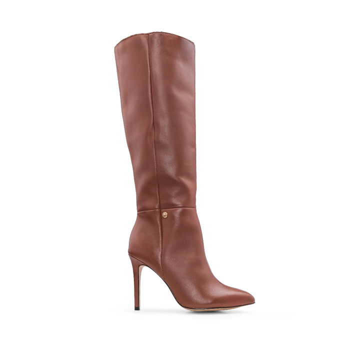 Bota de Cano Alto Mulher em Pele com Salto Agulha - Cognac
