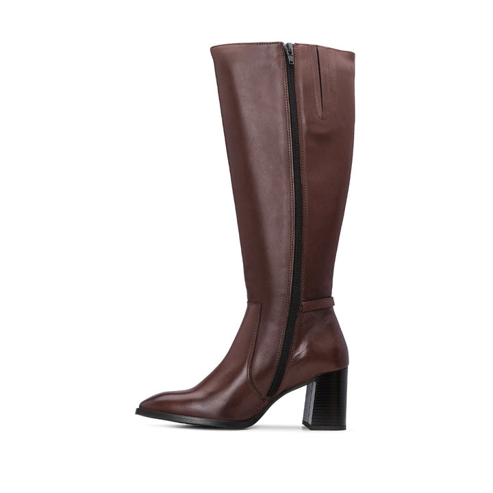 Bota de Cano Alto Mulher em Pele Castanha com Fivela - Castanho