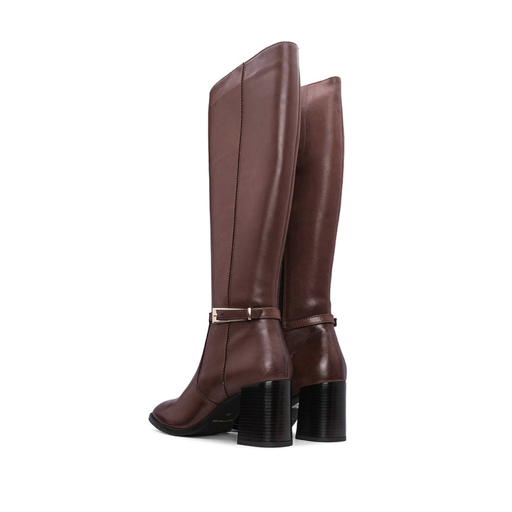 Bota de Cano Alto Mulher em Pele Castanha com Fivela - Castanho