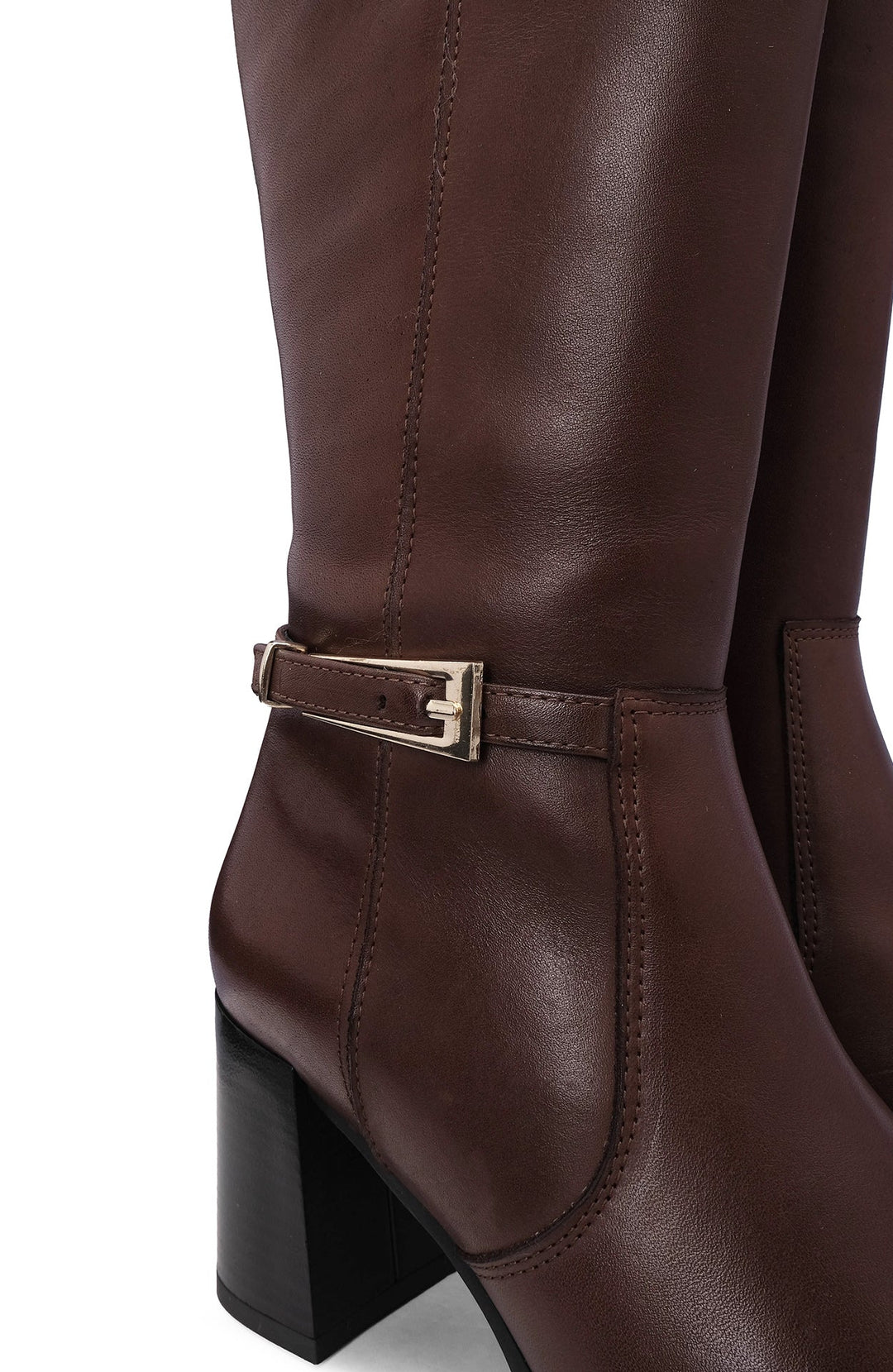 Bota de Cano Alto Mulher em Pele Castanha com Fivela - Castanho