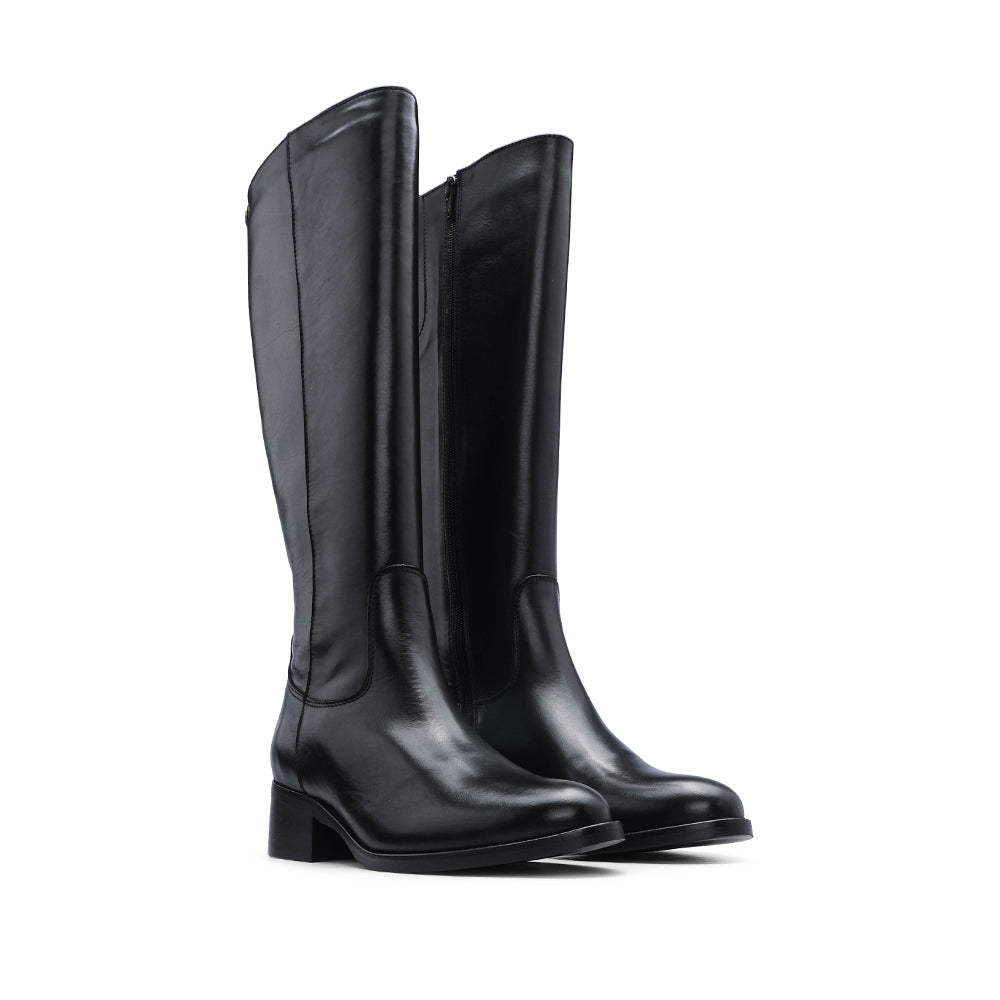 Bota de Cano Alto Mulher em Pele com Salto Bloco - Preto