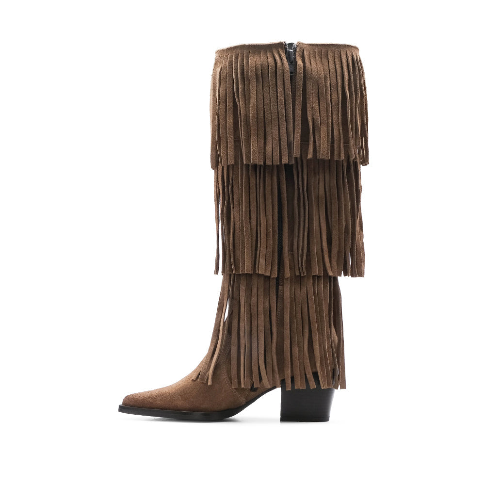 Bota de Cano Alto Mulher em Camurça com Franjas - Taupe