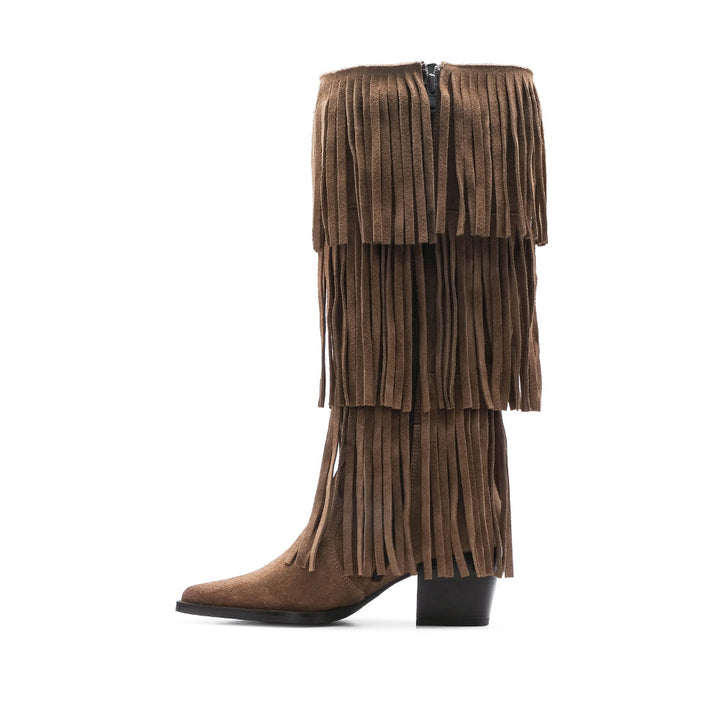 Bota de Cano Alto Mulher em Camurça com Franjas - Taupe