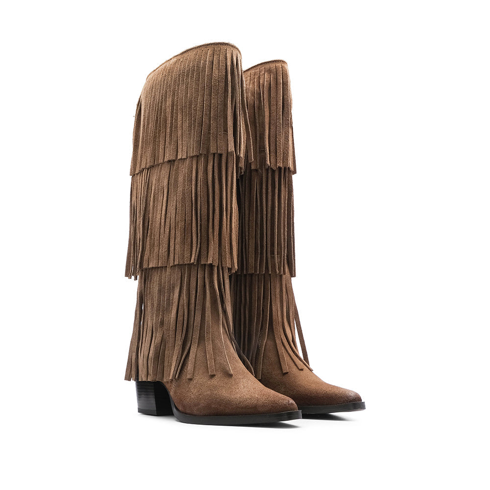 Bota de Cano Alto Mulher em Camurça com Franjas - Taupe