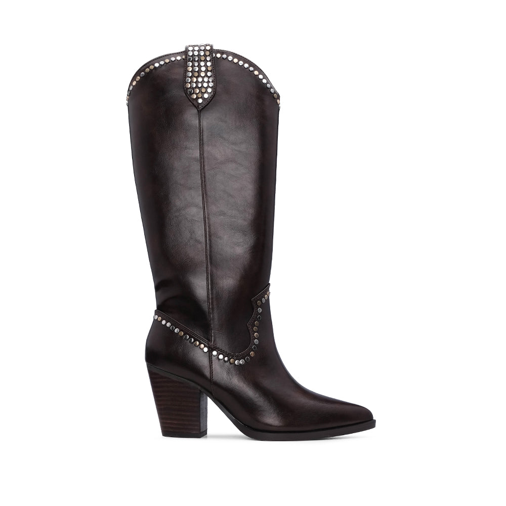 Bota de Cano Alto Mulher com Tachas Prateadas - Castanho
