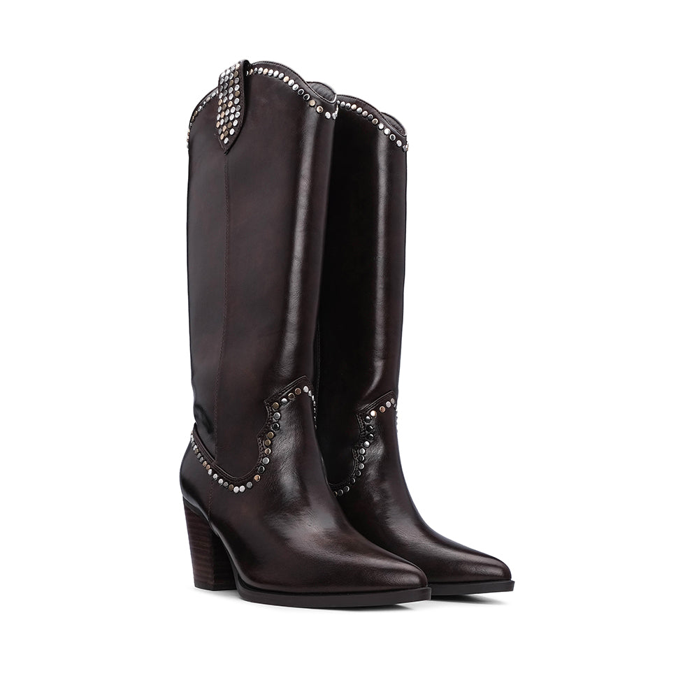 Bota de Cano Alto Mulher com Tachas Prateadas - Castanho