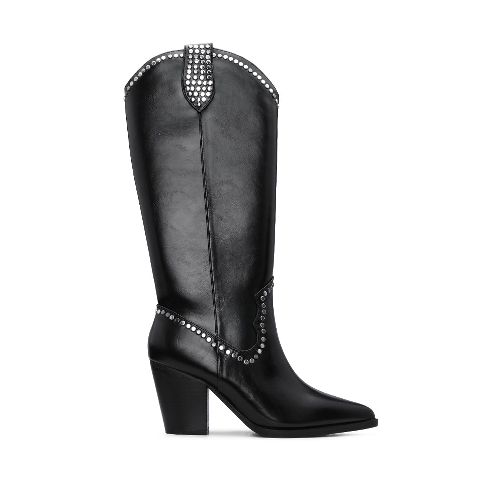 Bota de Cano Alto Mulher com Tachas Prateadas
