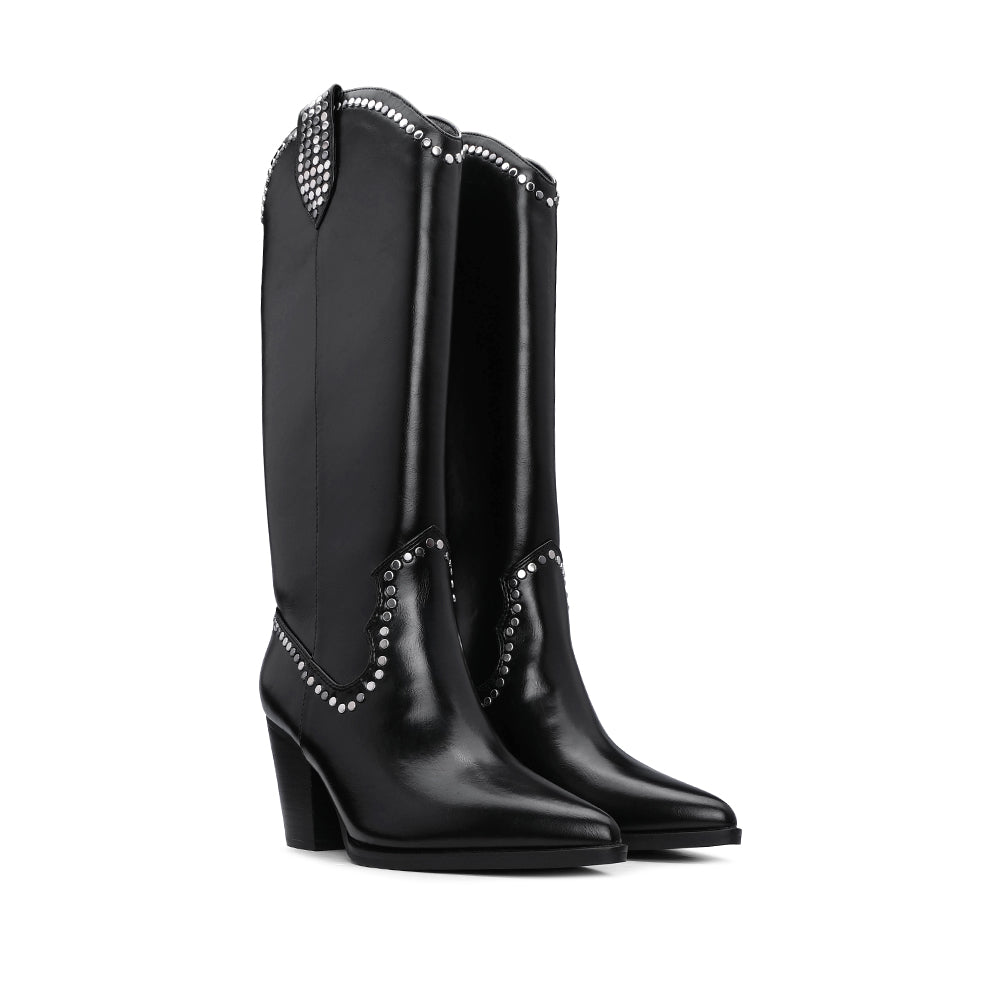 Bota de Cano Alto Mulher com Tachas Prateadas - Preto