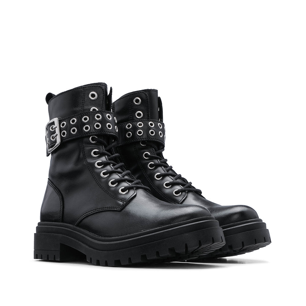 Botim Militar Mulher em Pele Preta com Fivelas - Preto