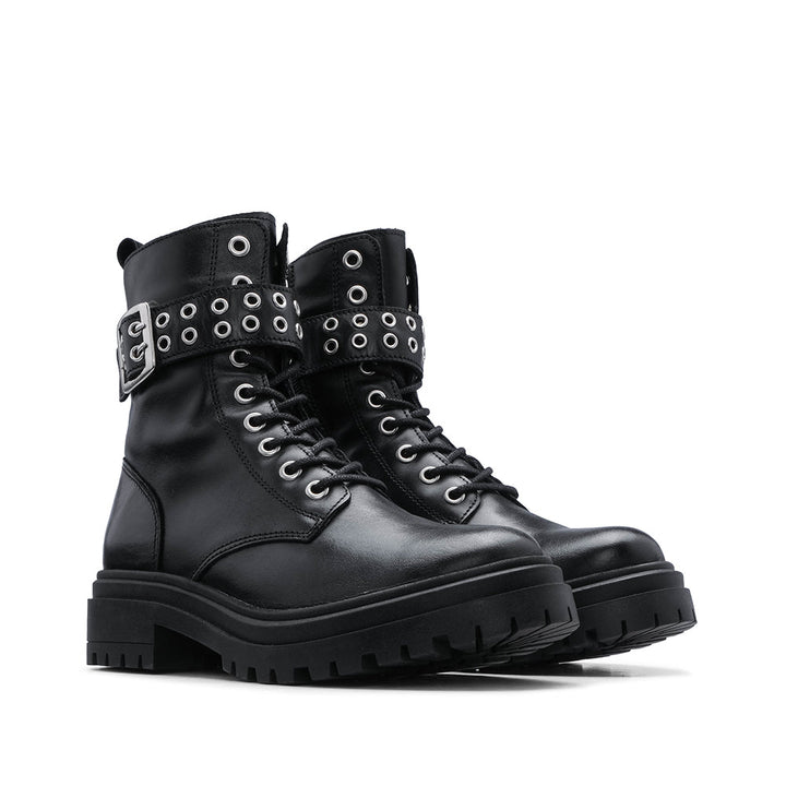 Botim Militar Mulher em Pele Preta com Fivelas - Preto