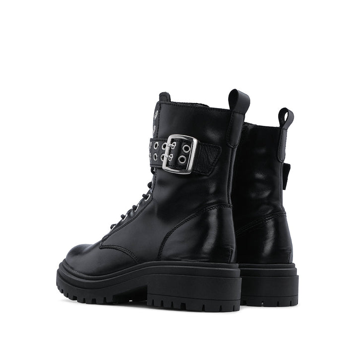 Botim Militar Mulher em Pele Preta com Fivelas - Preto