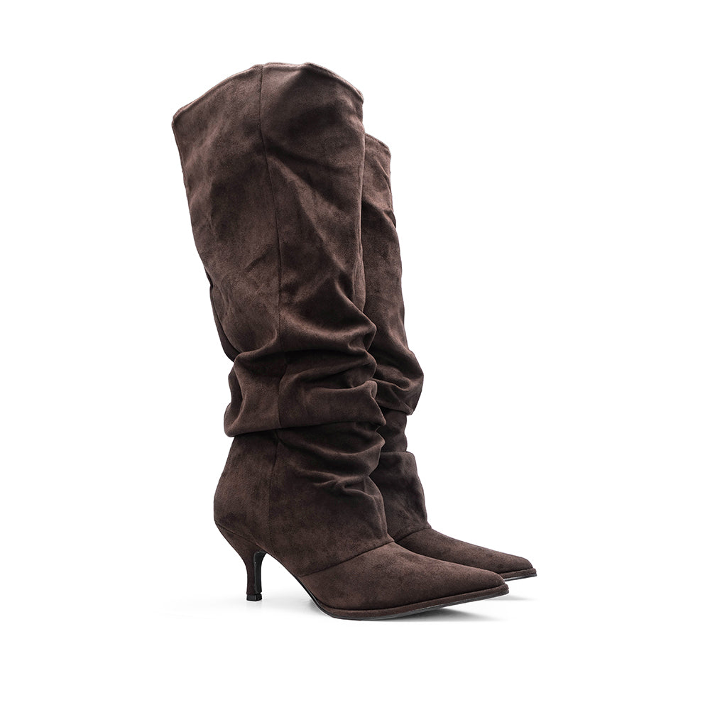 Bota de Cano Alto Mulher Franzida em Têxtil - Castanho