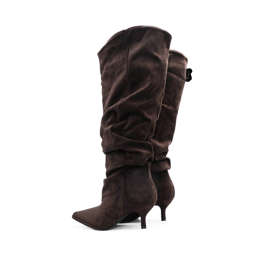 Bota de Cano Alto Mulher Franzida em Têxtil - Castanho