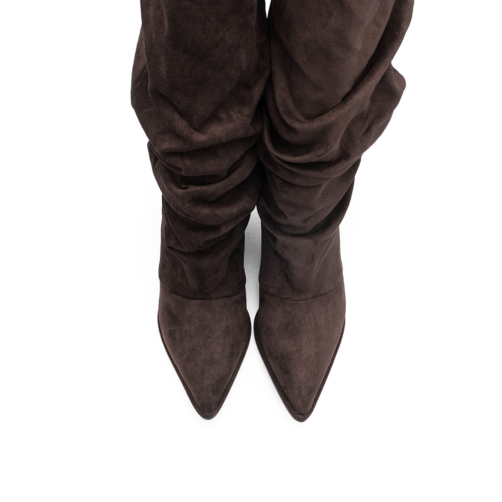 Bota de Cano Alto Mulher Franzida em Têxtil - Castanho