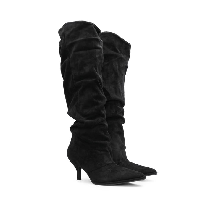 Bota de Cano Alto Mulher Franzida em Têxtil - Preto