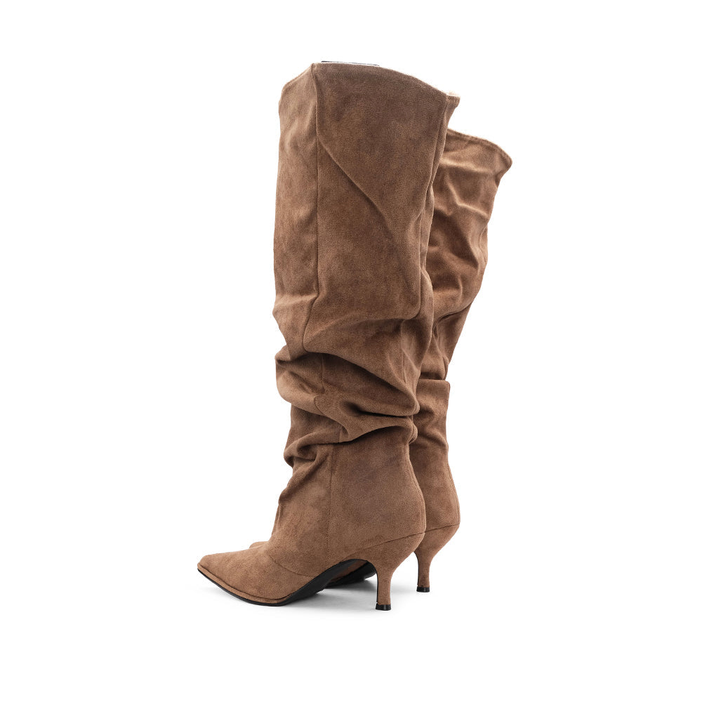 Bota de Cano Alto Mulher Franzida em Têxtil - Taupe