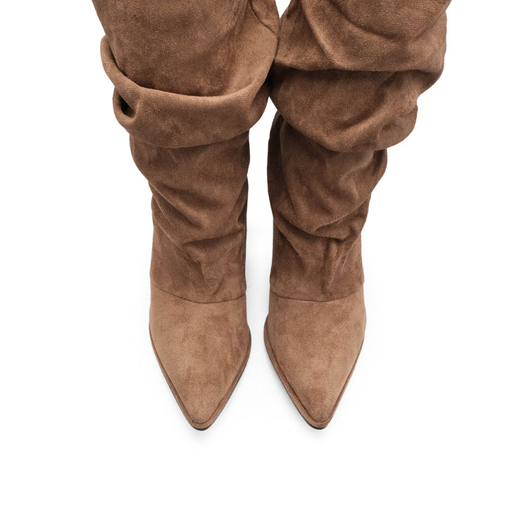 Bota de Cano Alto Mulher Franzida em Têxtil - Taupe