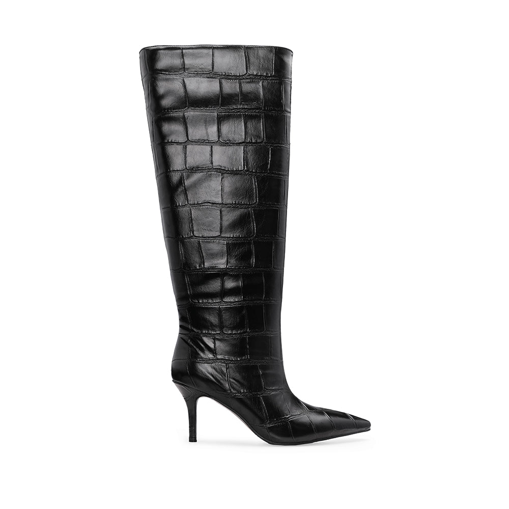 Bota de Cano Alto Mulher Efeito Croco Preta