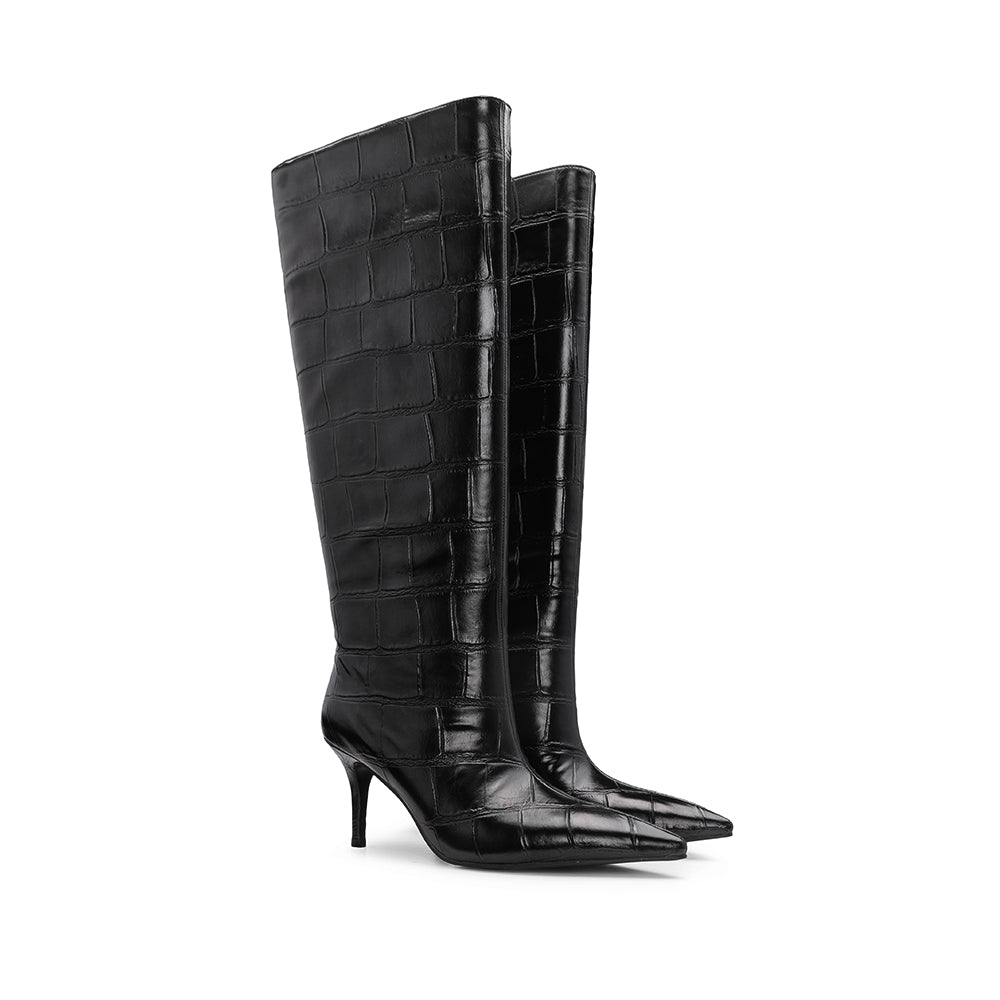 Bota de Cano Alto Mulher Efeito Croco Preta - Preto