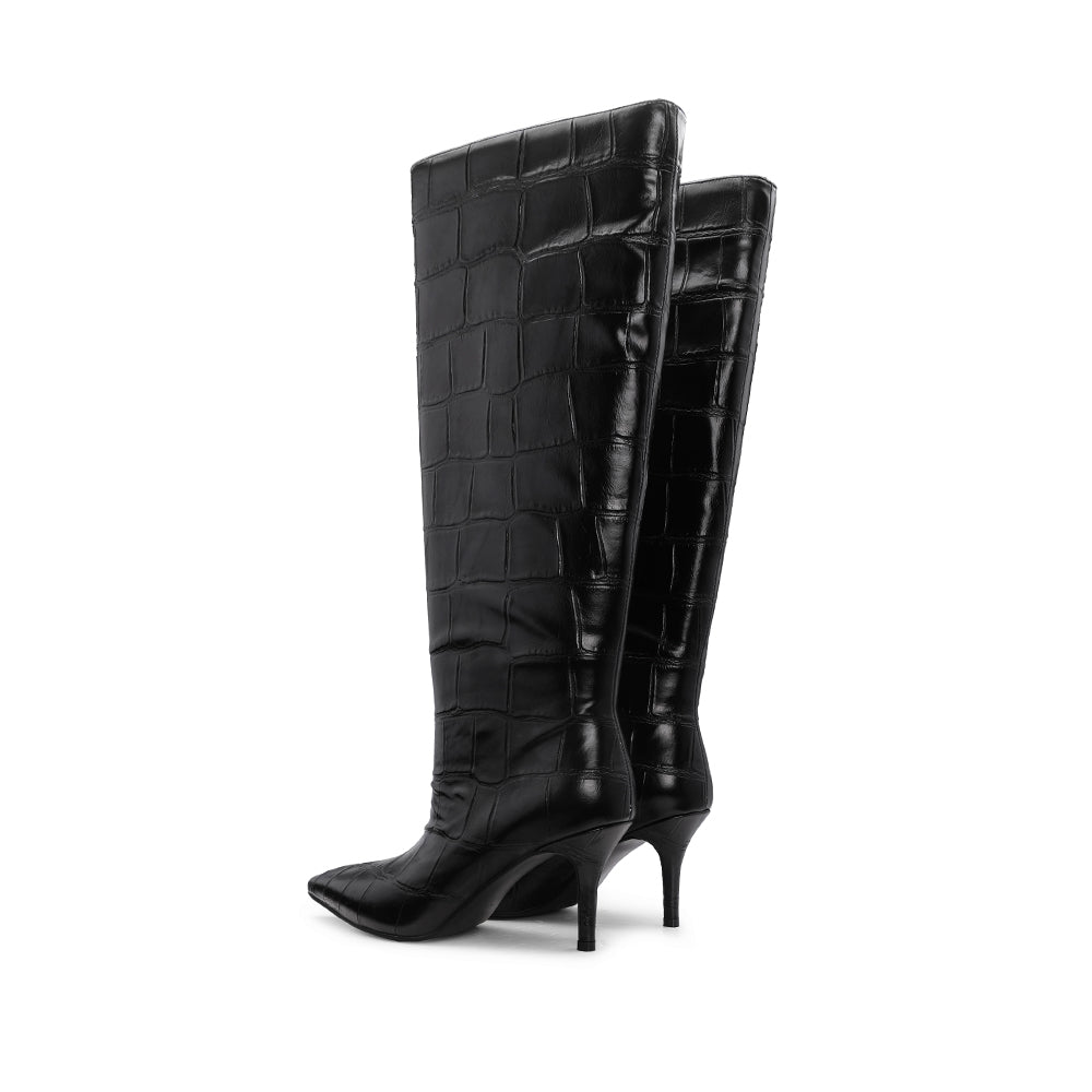 Bota de Cano Alto Mulher Efeito Croco Preta - Preto