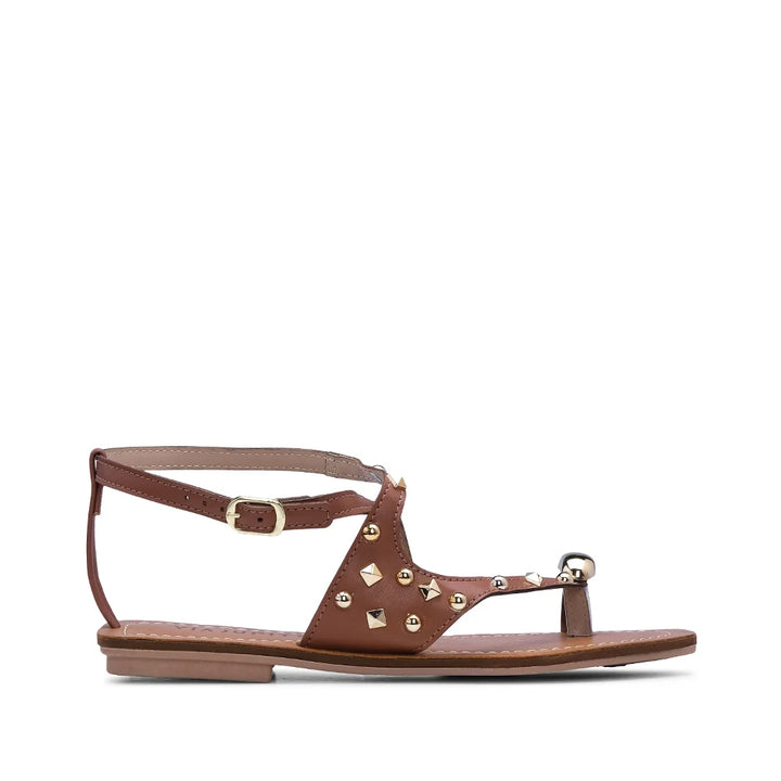 Sandália Rasa Camel com Aplicações